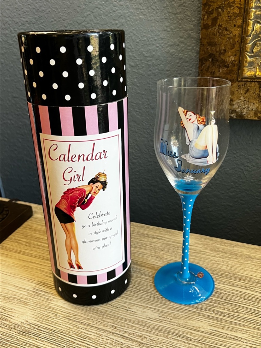 Calendar Girl Blue Miss January Pin-Up Wine Glass